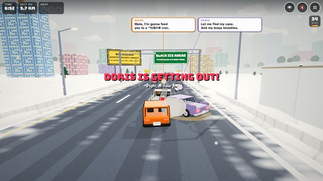 A snowy highway with an elderly driver threatening to get out